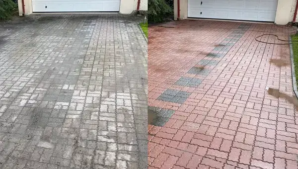 Porównanie mycie kostki brukowej Warszawa przed i po