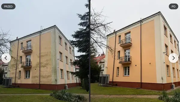 Porównanie umycia elewacji bloku przed i po